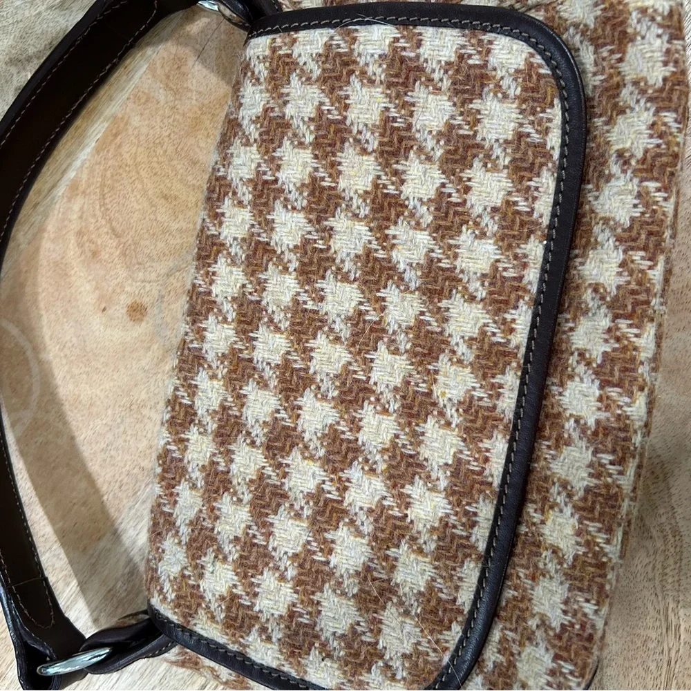 Lands' End Brown wool Leather Handbag houndstooth - Picture 2 of 5